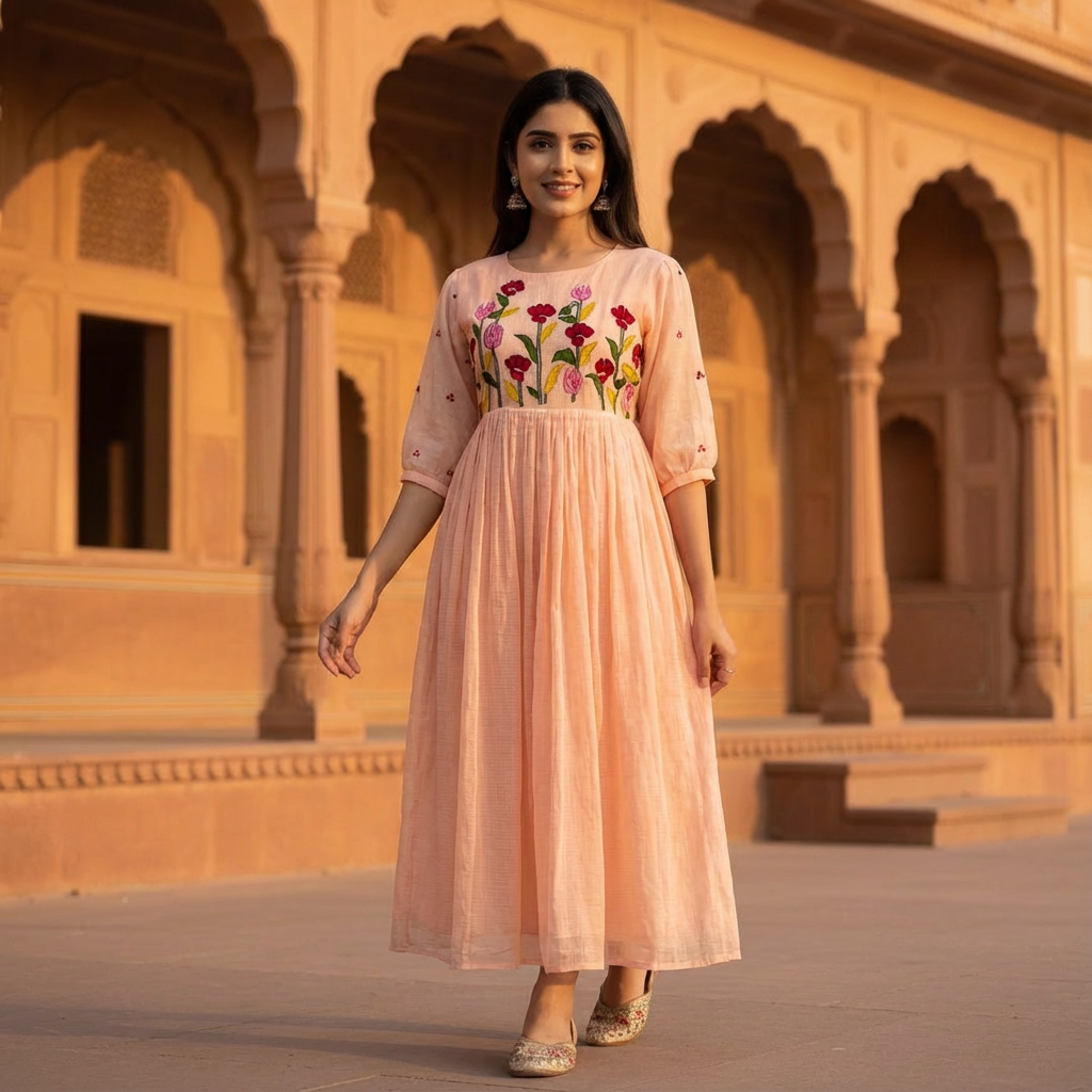 Soft Peach Kota Cotton Dress MerakibySam Soft Peach Kota Cotton Dress MerakibySam