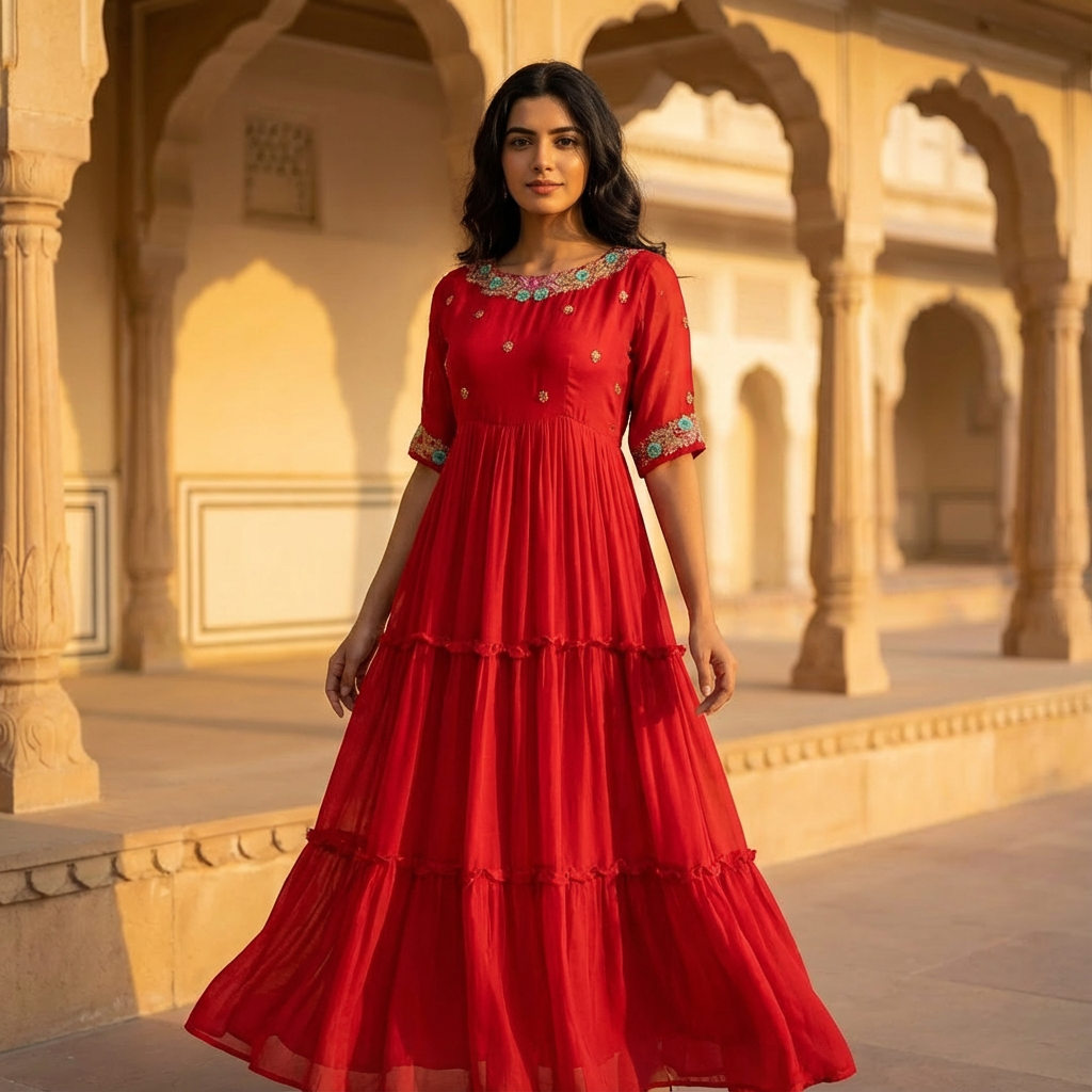Scarlet Red Gathered Anarkali Suit