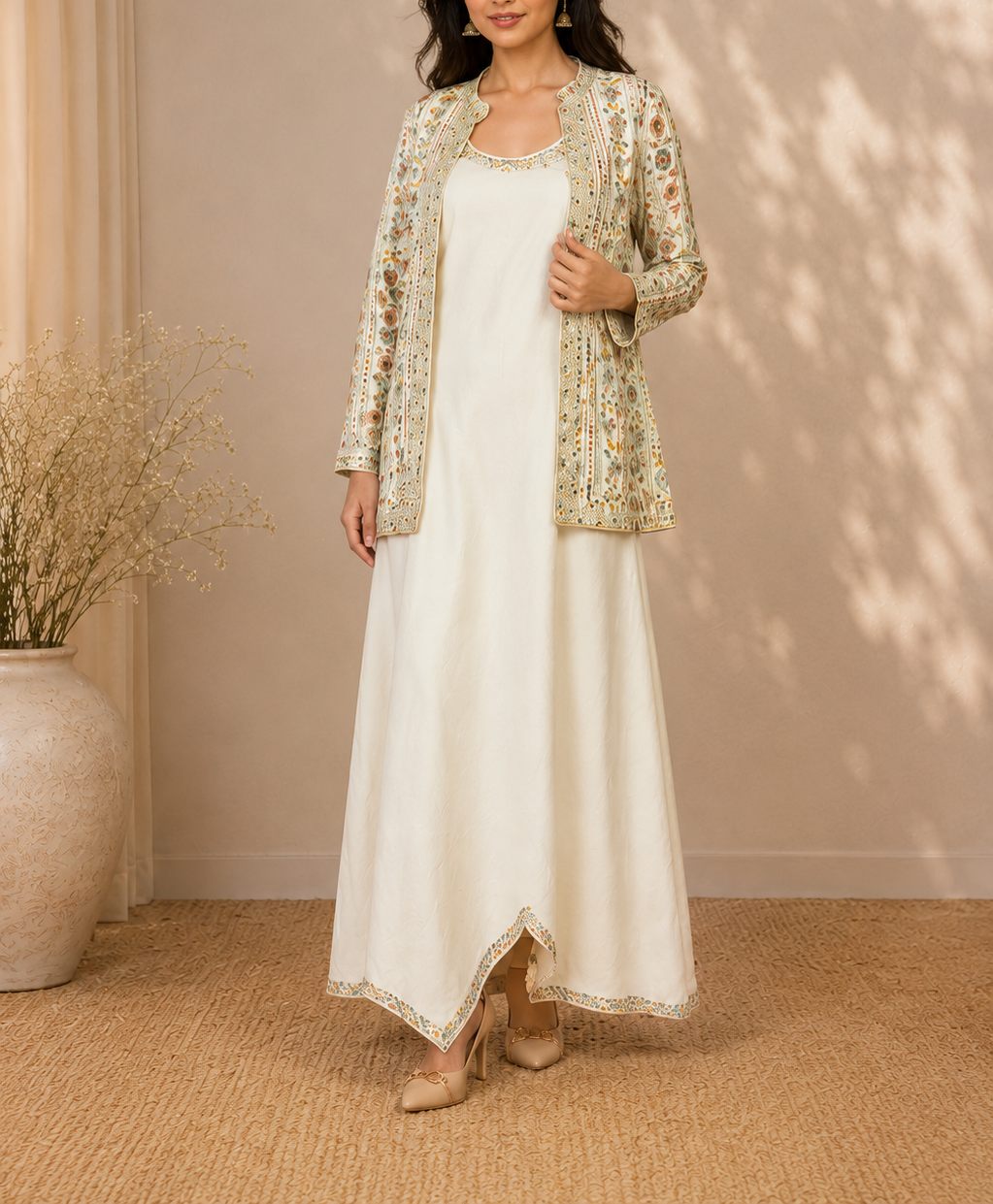 Off-White Mirror Work Long Gown with Embroidered Jacket
