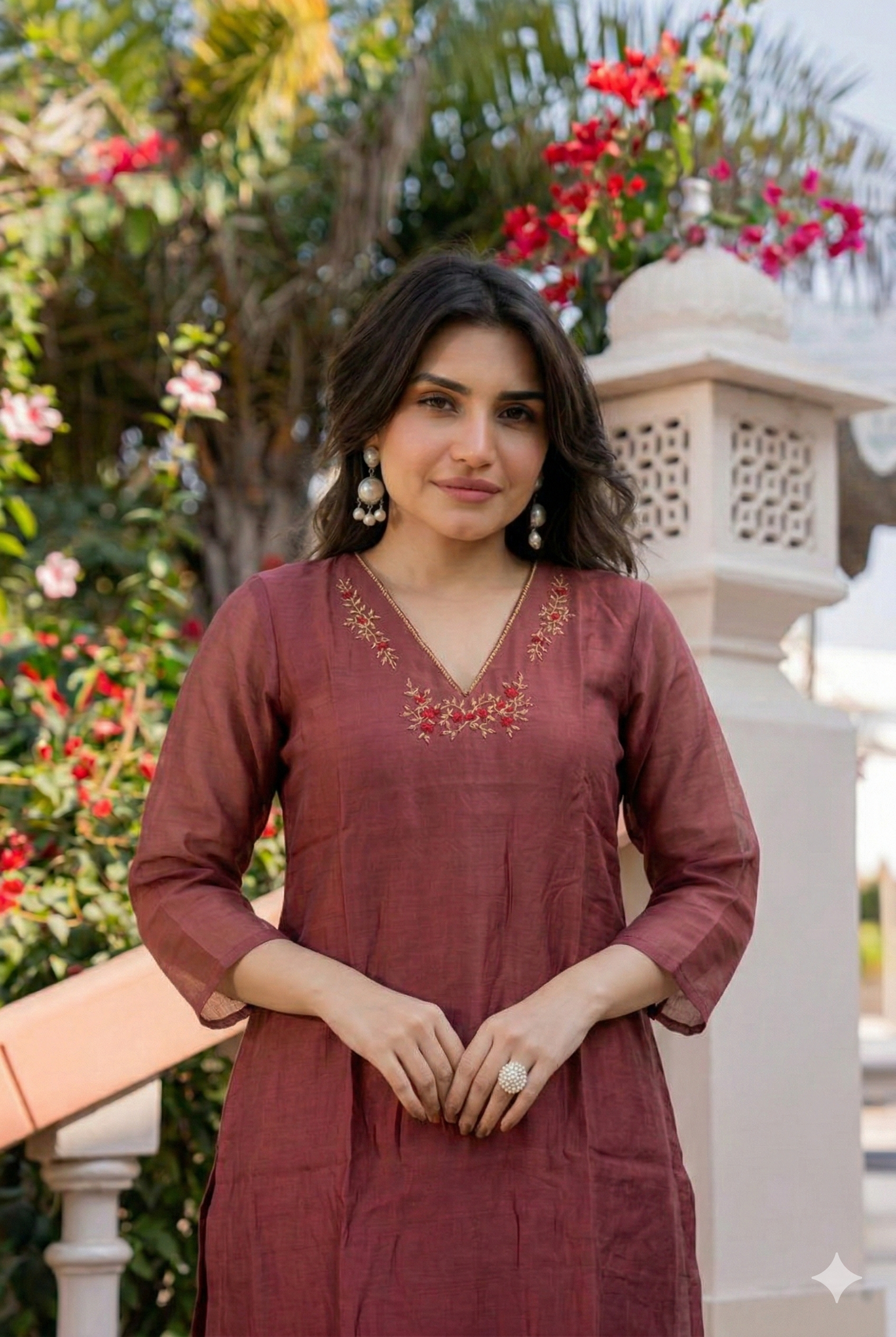 Terracotta Chanderi Silk Kurta Set with Embroidery for Women