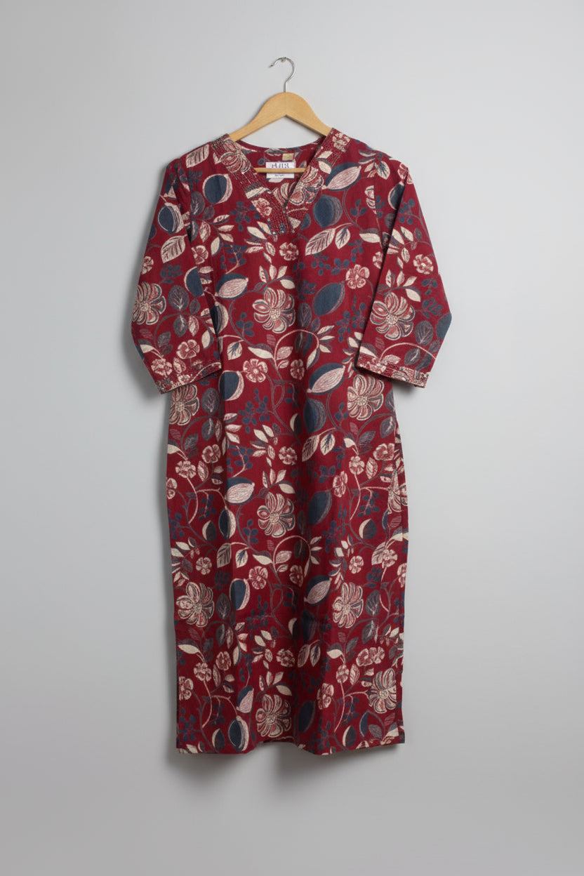 Maroon Red Hand Block Printed Cotton Kurta