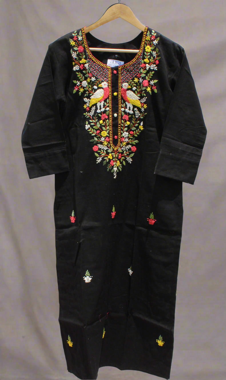 Black Embroidered Cotton Kurta