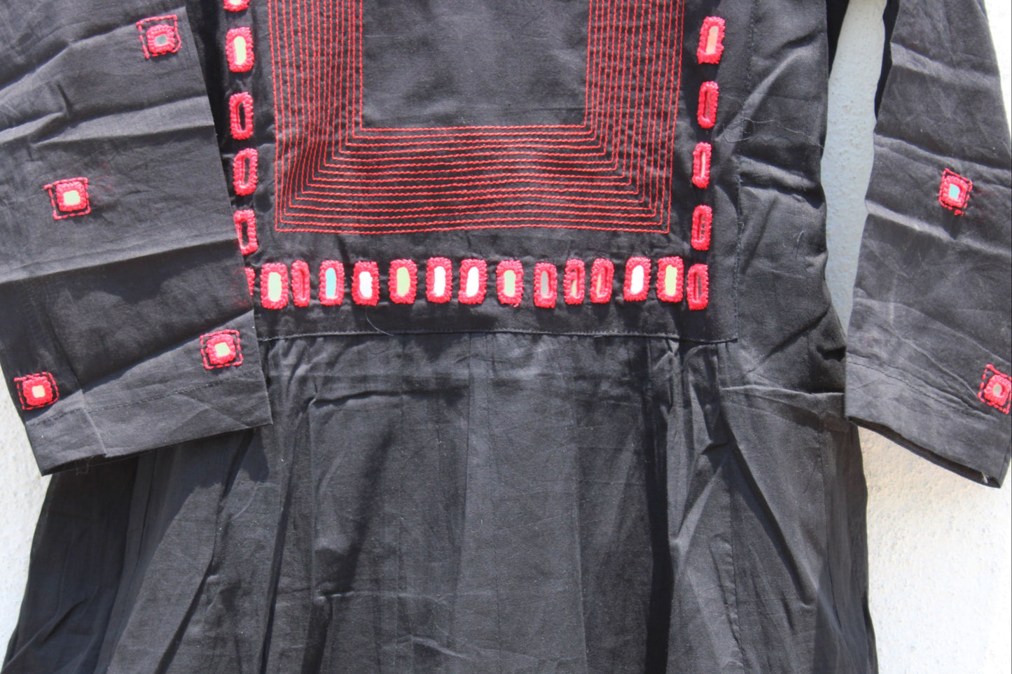 Black Embroidered Mirror Work Cotton Dress