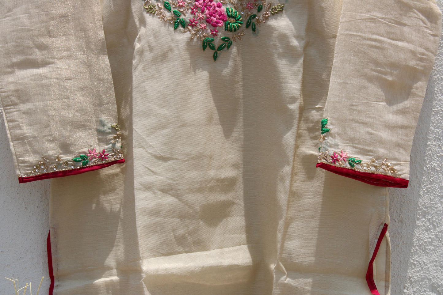Cream Embroidered Silk Suit Set