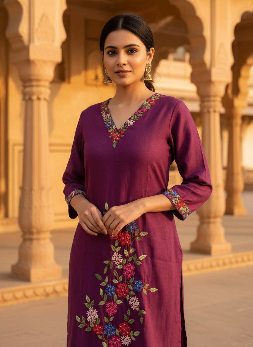 Purple Handloom Cotton Hand Embroidered Kurta Pant Set