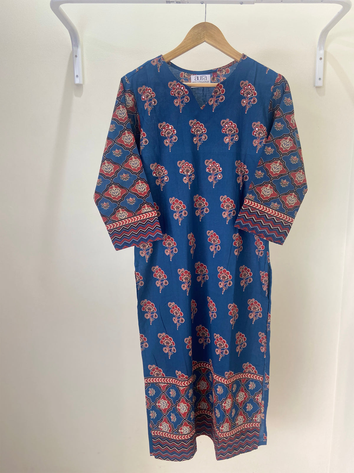 Indigo Blue Floral Motif Pure Cotton Straight Long Kurta