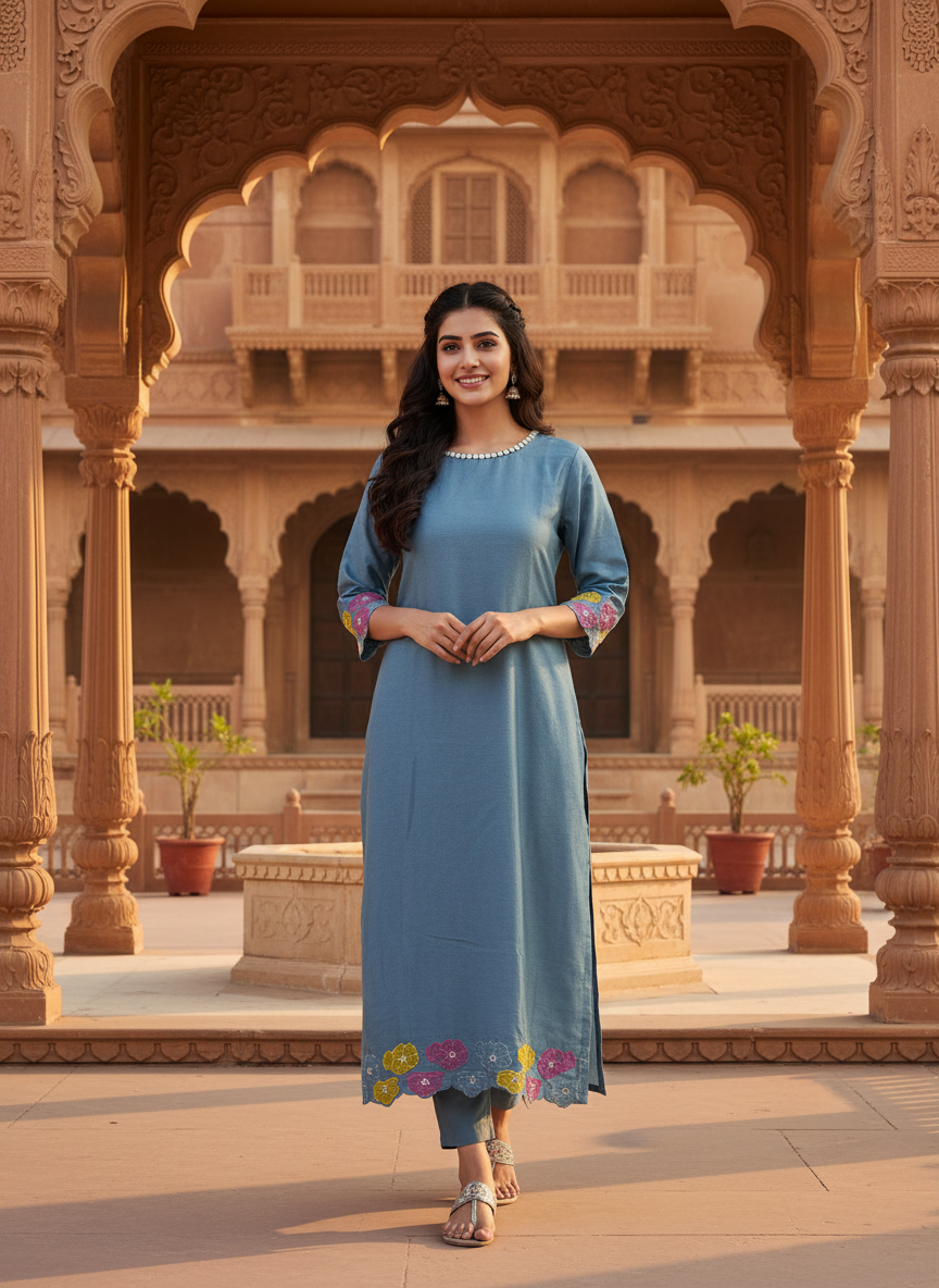 Blue Dola Silk Patchwork & Pearl Kurta Set