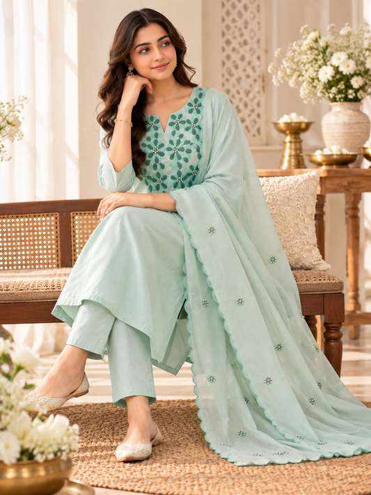 Light Blue Dola Silk Floral Embroidered Kurta Set