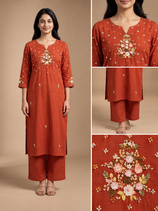 Burnt Orange Handloom Cotton Hand-Embroidered Kurta Pant Set