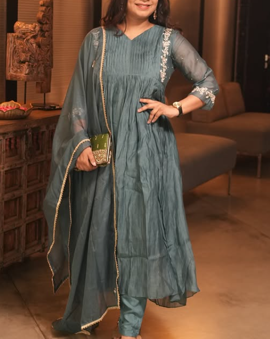 Grey Chanderi Silk Suit