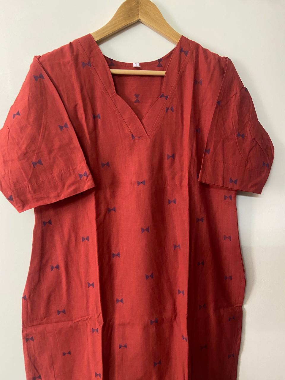 Terracotta Red Bow Motif Pure Cotton Kurta Pant Set