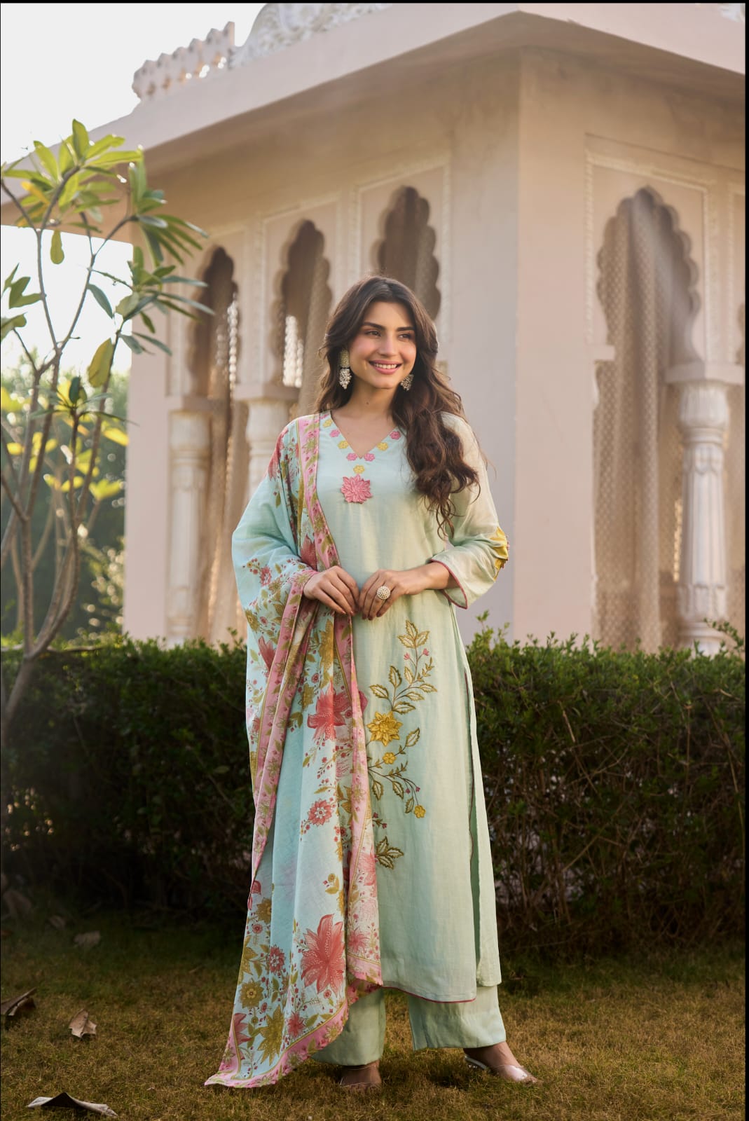 Mint Green with Pink Floral Embroidery - Mul Chanderi silk suit