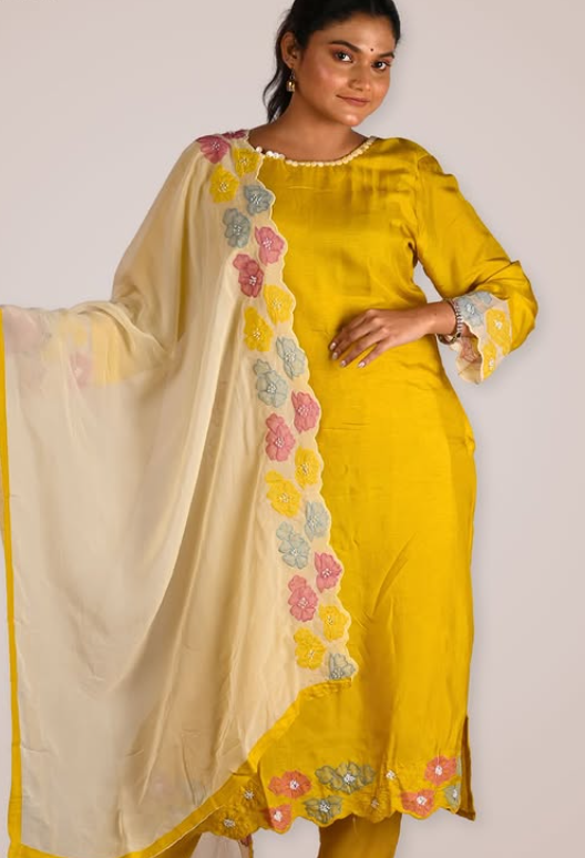 Yellow Dola Silk Patchwork & Pearl Kurta Set