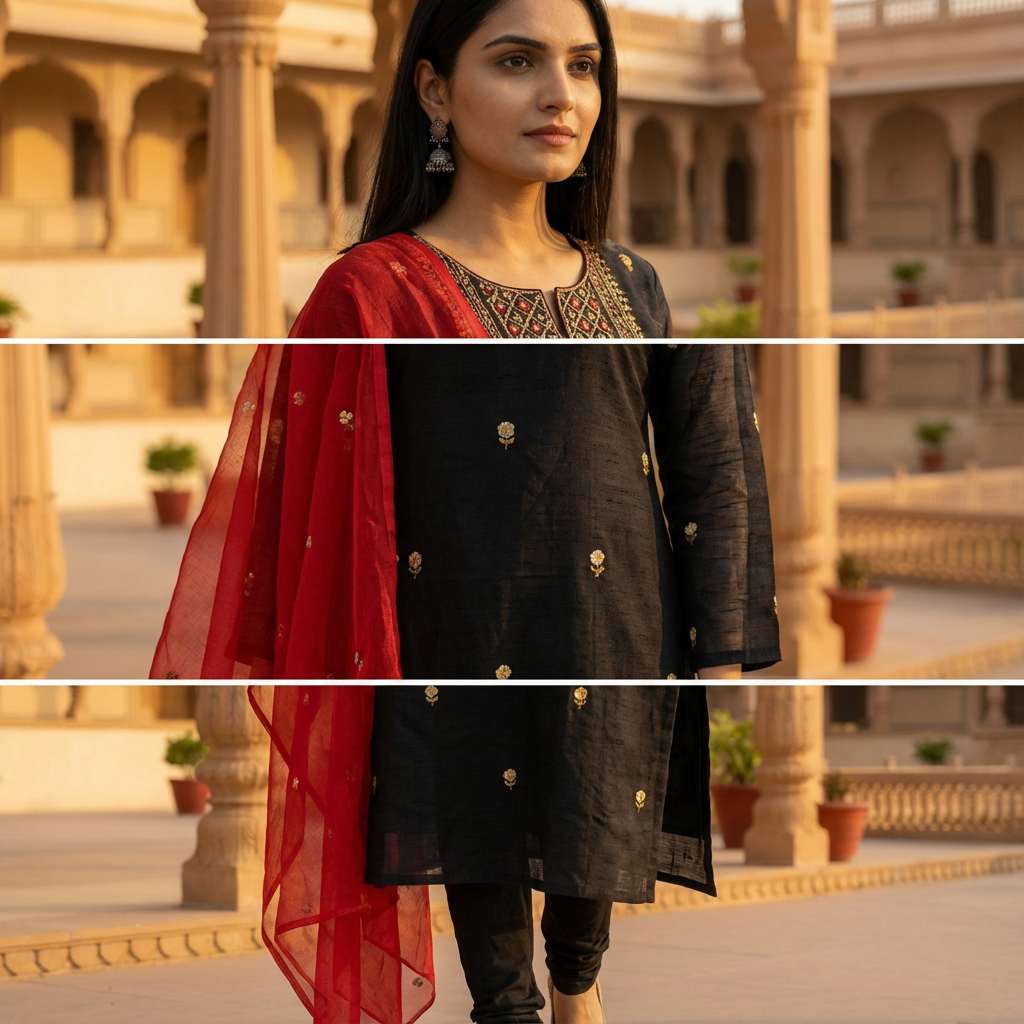 Jet Black Kurta Set with Crimson Dupatta
