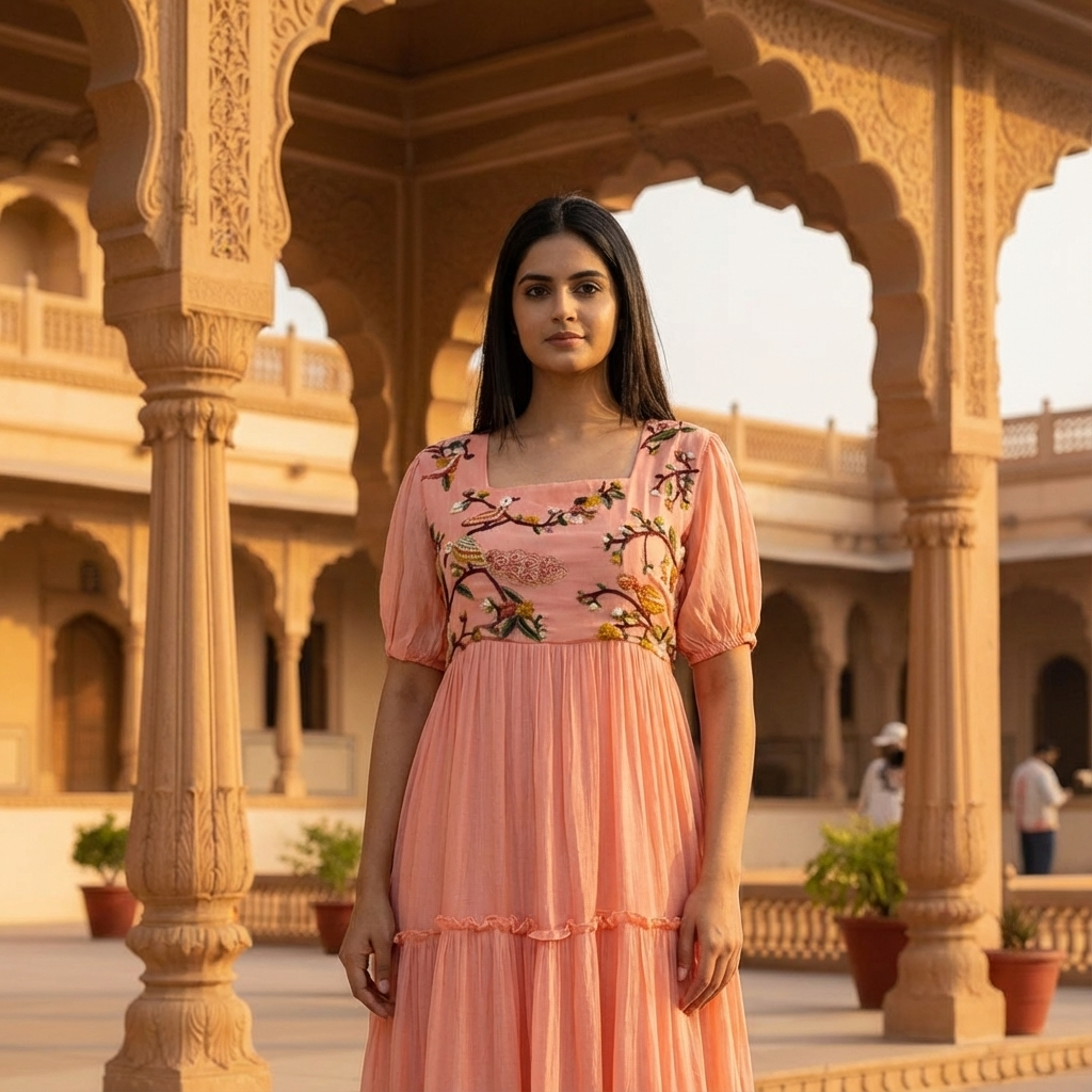 Chiffon Peach Blush Embroidered Dress