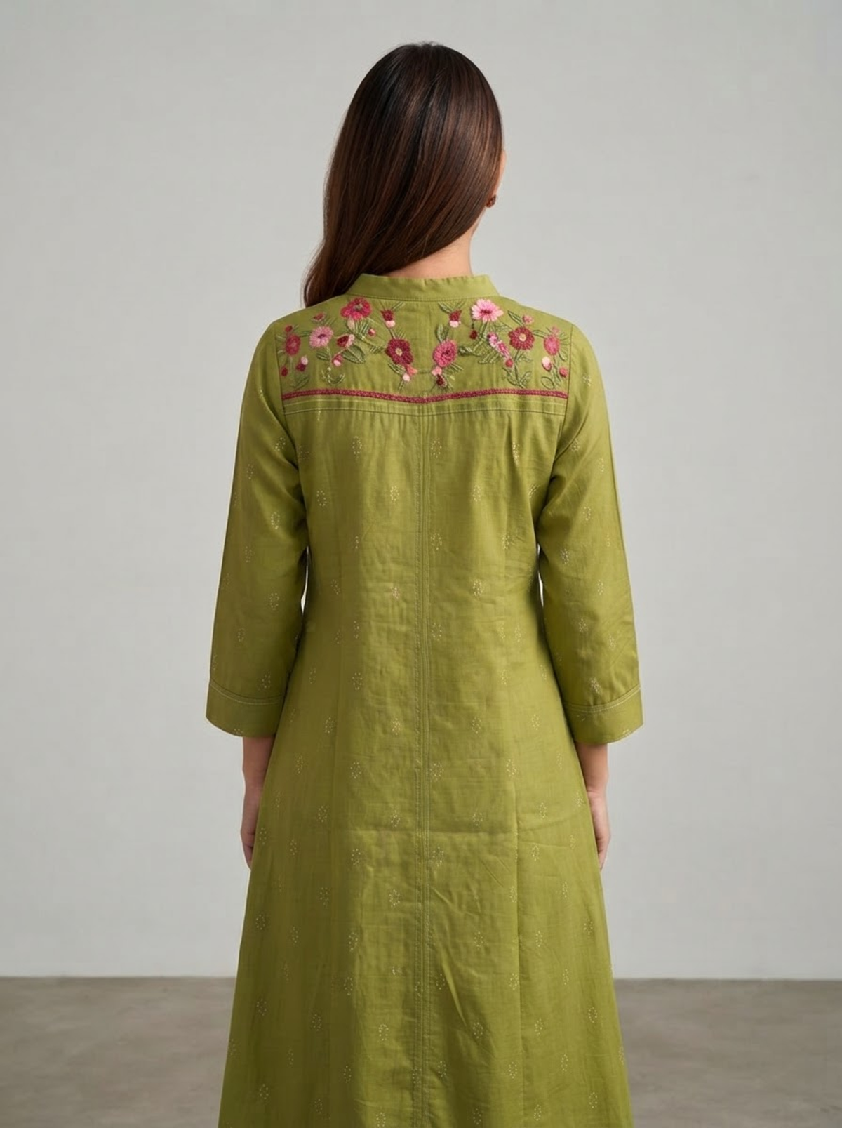 Olive Green Handwoven Jamdani Floral A-Line Dress