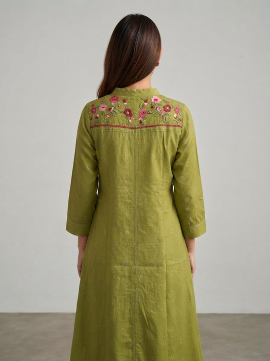Olive Green Handwoven Jamdani Floral A-Line Dress