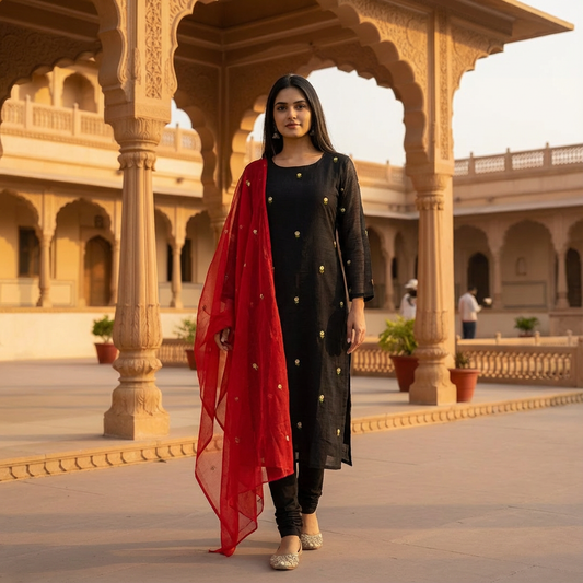 Jet Black Kurta with Crimson Dupatta suit