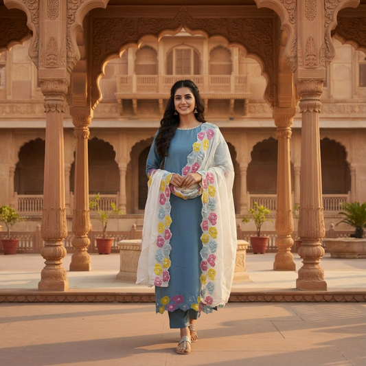 Grey Applique Silk Suit