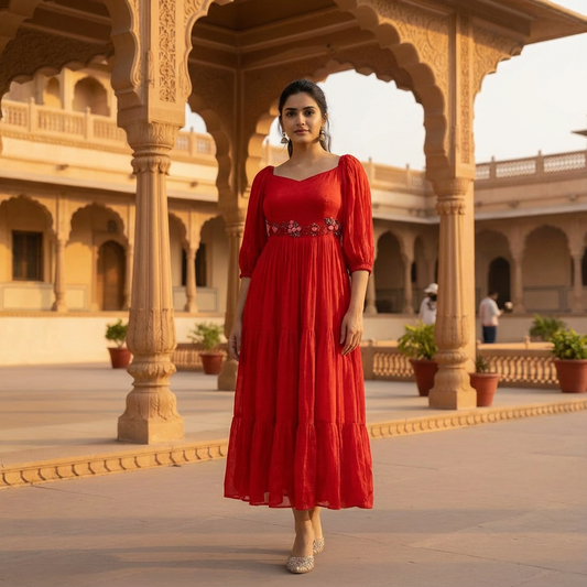 Scarlet Red Gathered Anarkali Dress