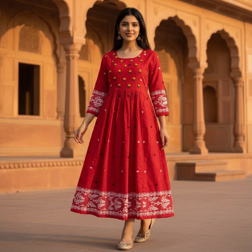 Crimson Red Jamdani Dress