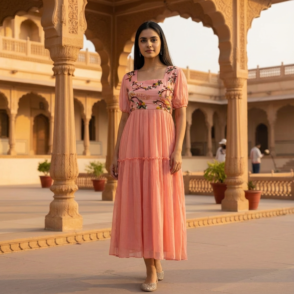 Chiffon Peach Blush Embroidered Dress