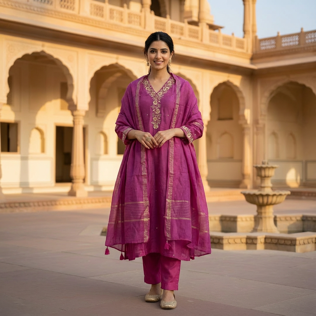 Magenta Chanderi Silk Suit
