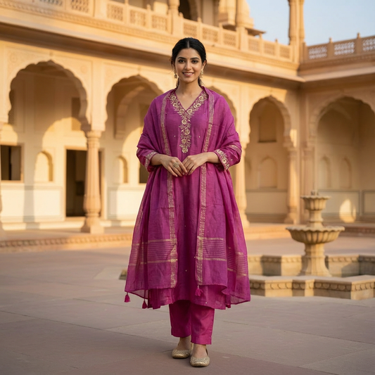 Magenta Chanderi Silk Suit