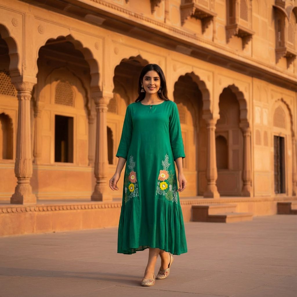 Emerald Green Mul Chanderi Dress