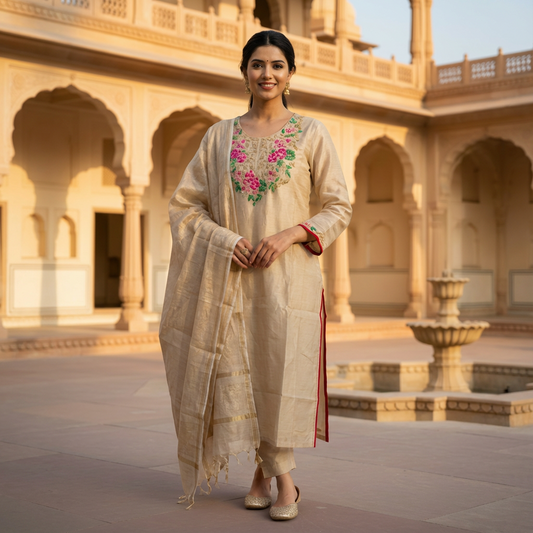 Cream Embroided Silk Suit