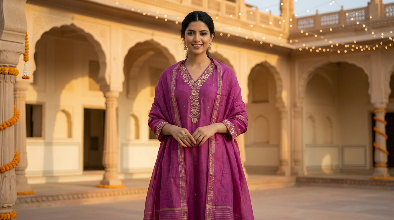 Magenta Chanderi Silk Suit