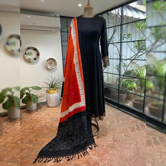 Ikkat Orange Cotton Dupatta