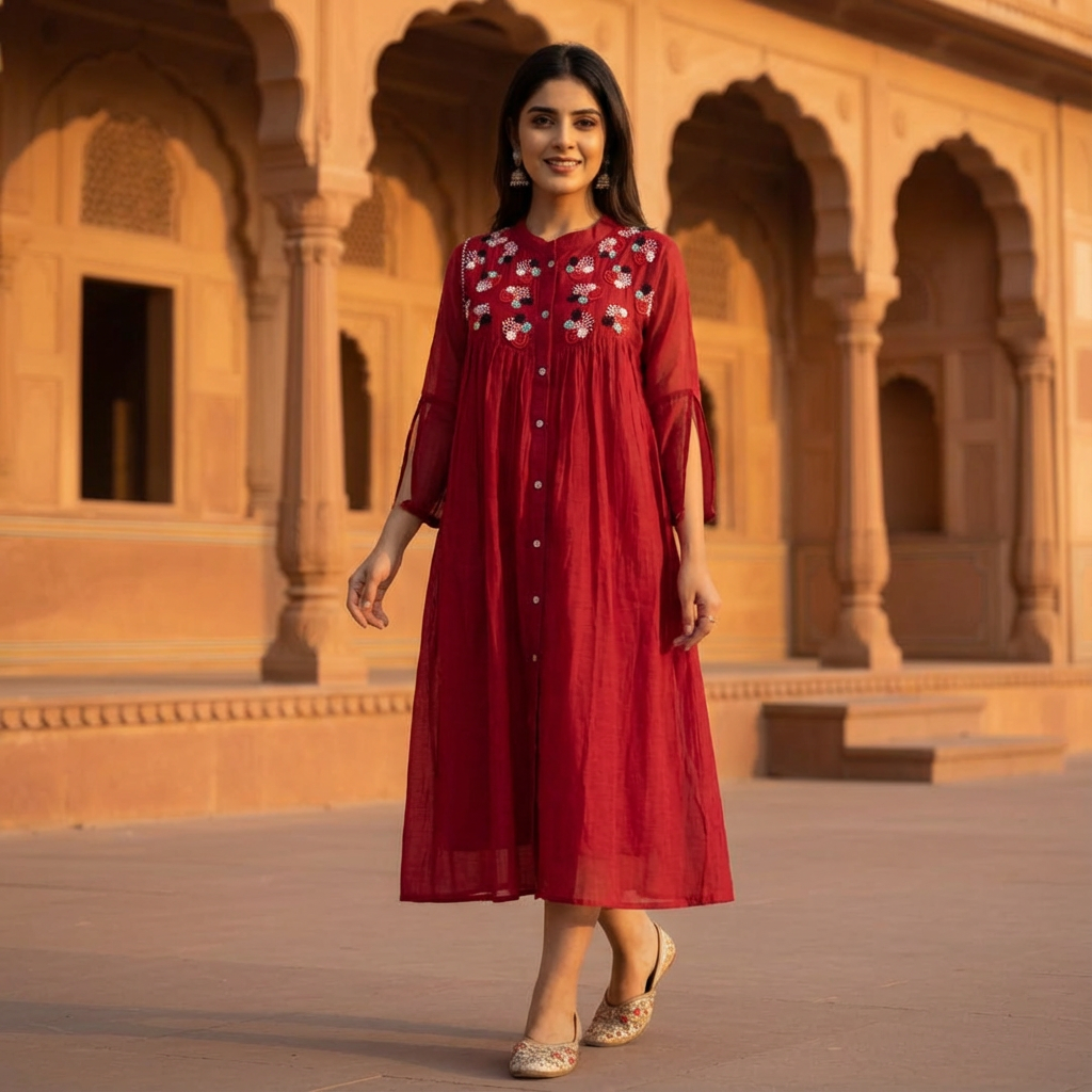 Maroon Wine Mul Cotton Dress