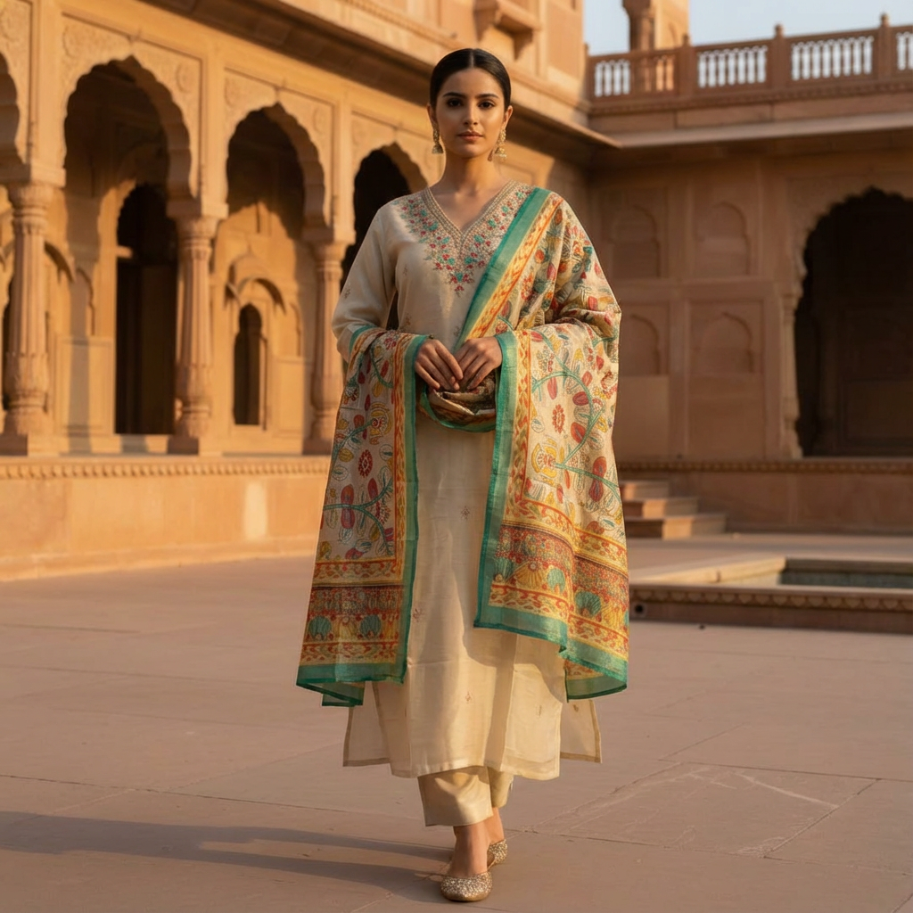 Cream Dola Silk Suit – Minimal Luxury Festive Wear