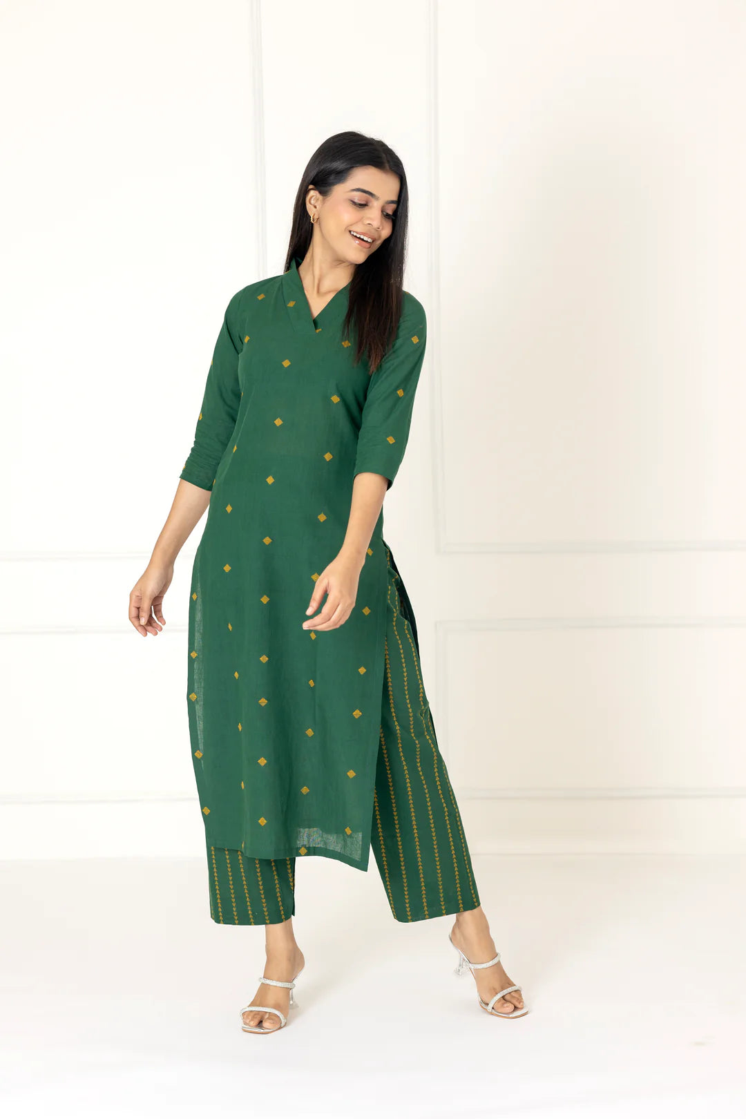 Dark Green Handloom Cotton Co-Ord Set – Comfortable Everyday Ethnic Wear