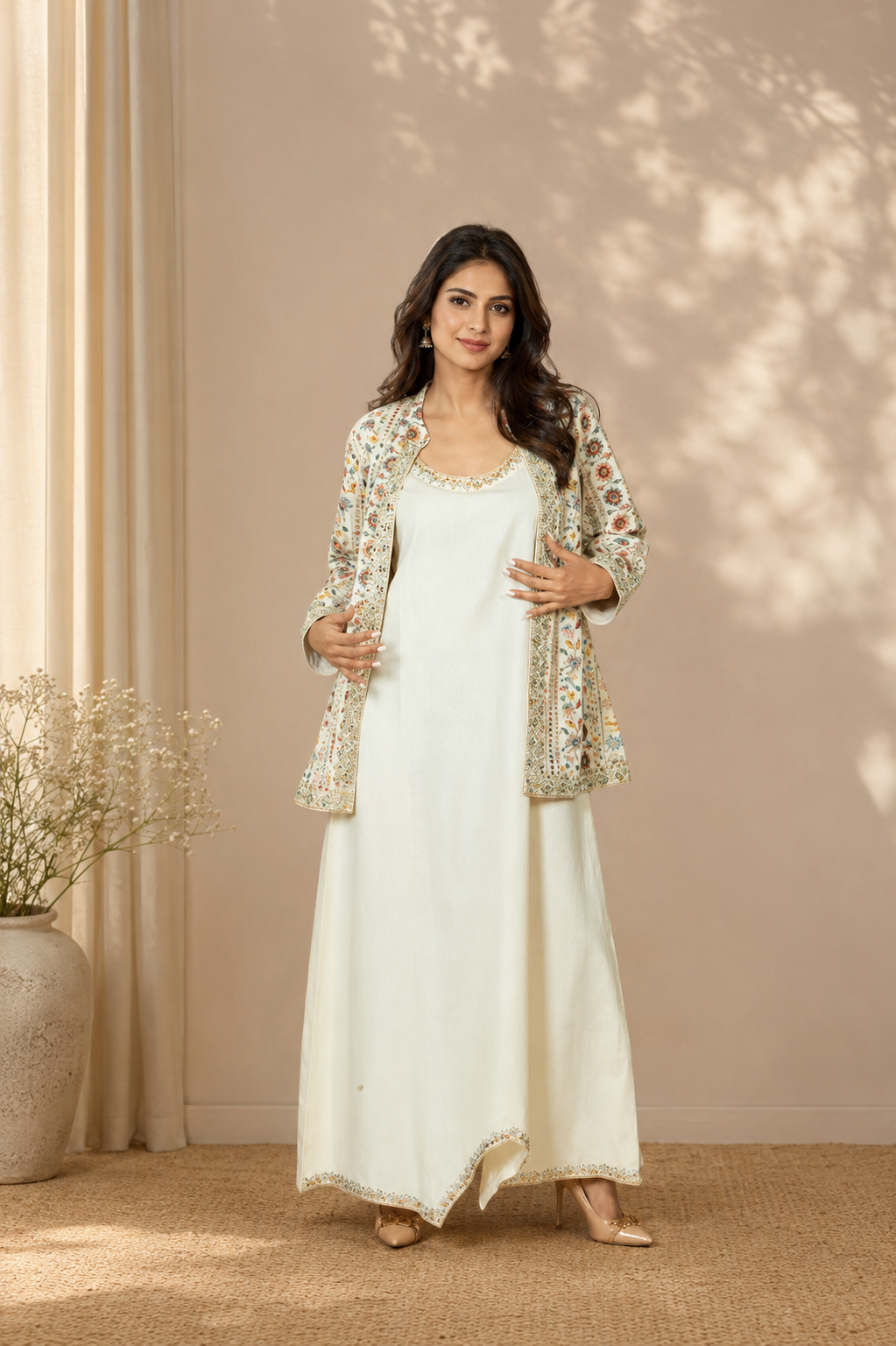 Off-White Mirror Work Long Gown with Embroidered Jacket