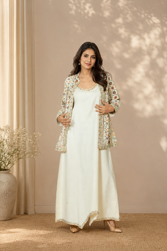 Off-White Mirror Work Long Gown with Embroidered Jacket