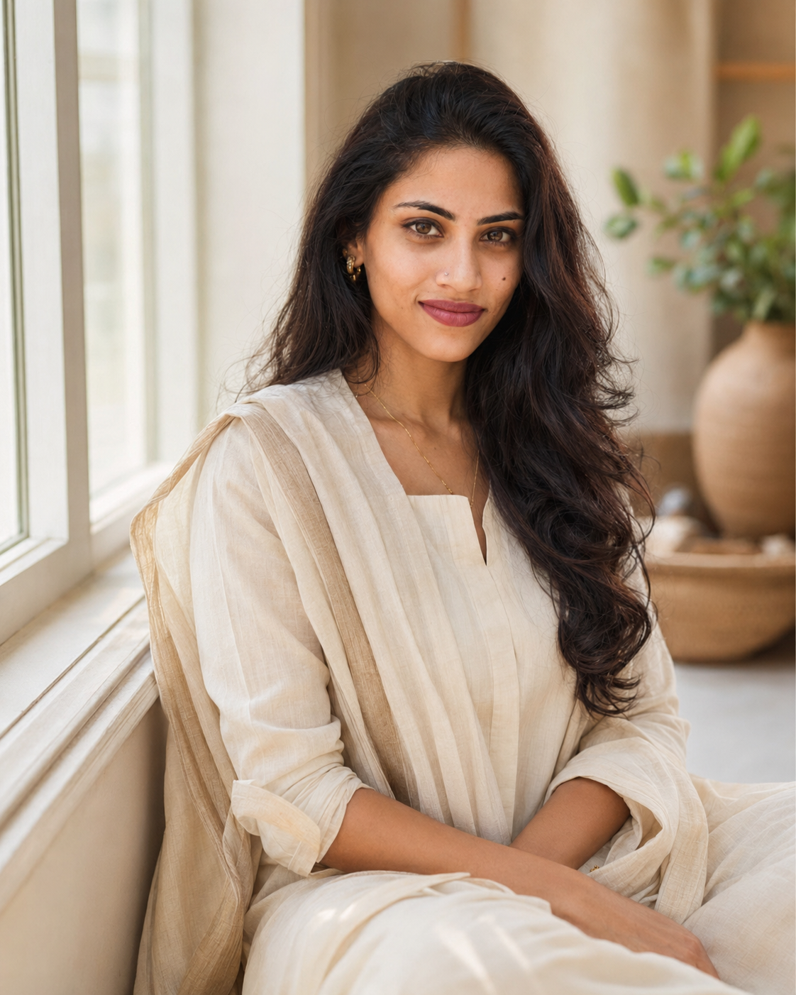 Woman in elegant cream Indian outfit representing Merakibysam everyday comfort and style