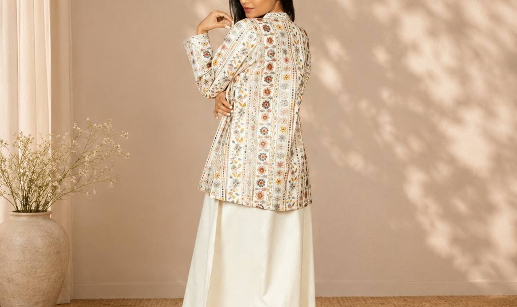 Off-White Mirror Work Long Gown with Embroidered Jacket