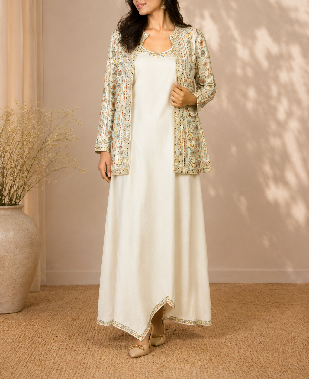 Off-White Mirror Work Long Gown with Embroidered Jacket