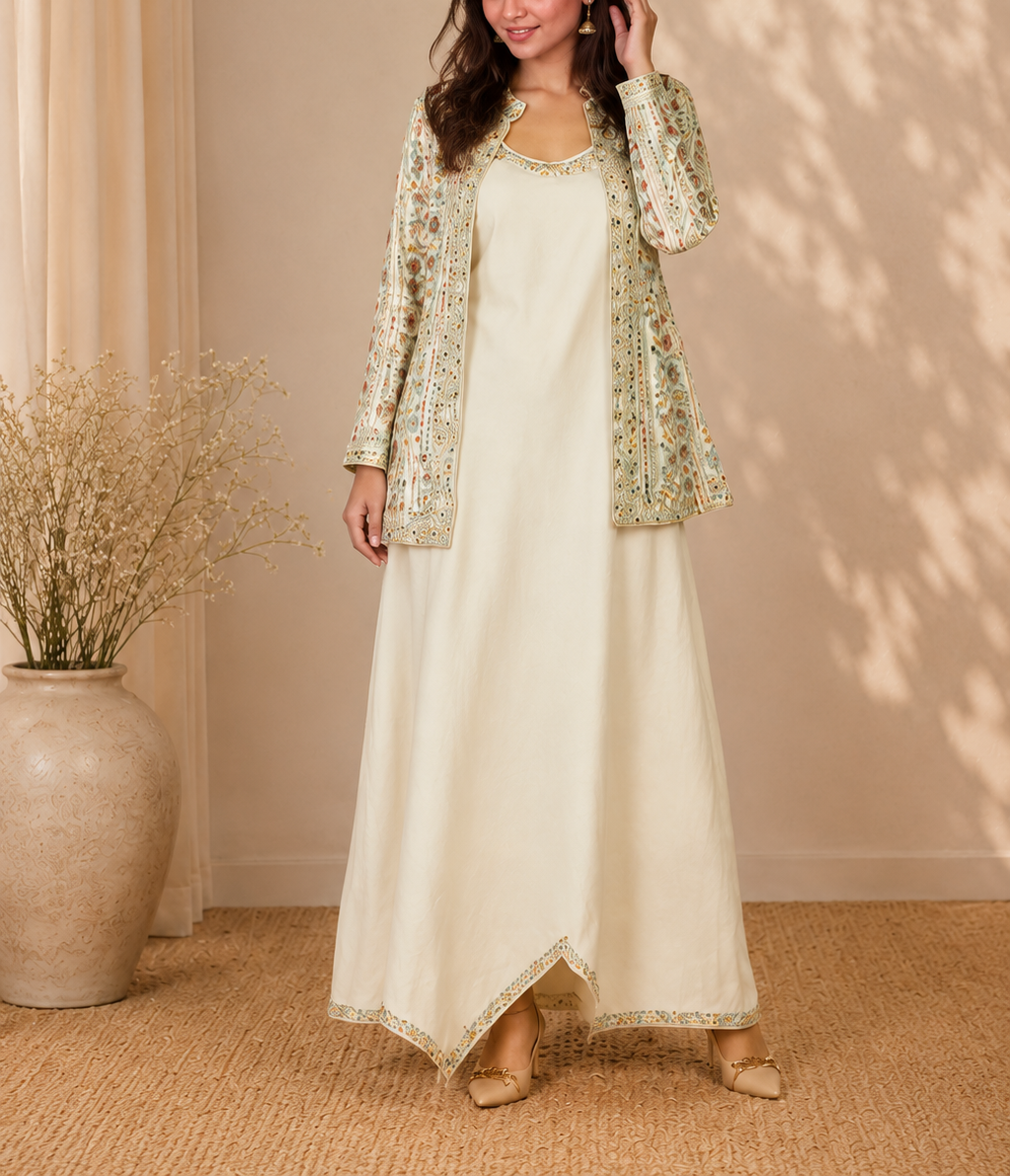 Off-White Mirror Work Long Gown with Embroidered Jacket