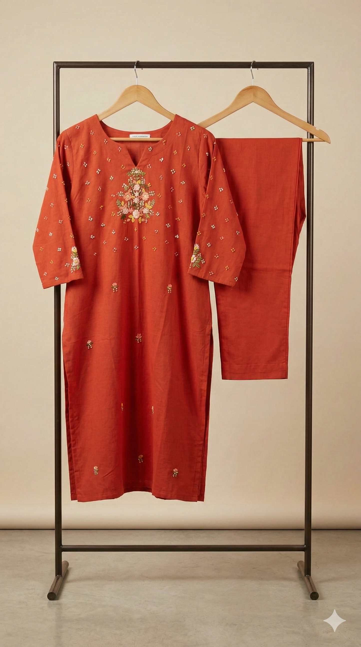 Vibrant Orange Floral Hand-Embroidered Pure Handloom Cotton Kurta Set with Pockets