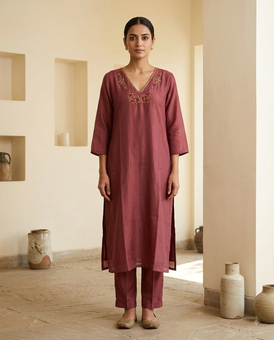 Dusty Brown Chanderi Silk Embellished Kurta Pant Set