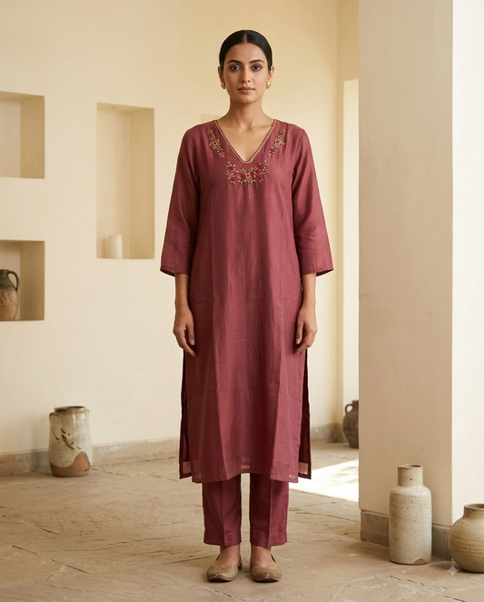 Dusty Brown Chanderi Silk Embellished Kurta Pant Set