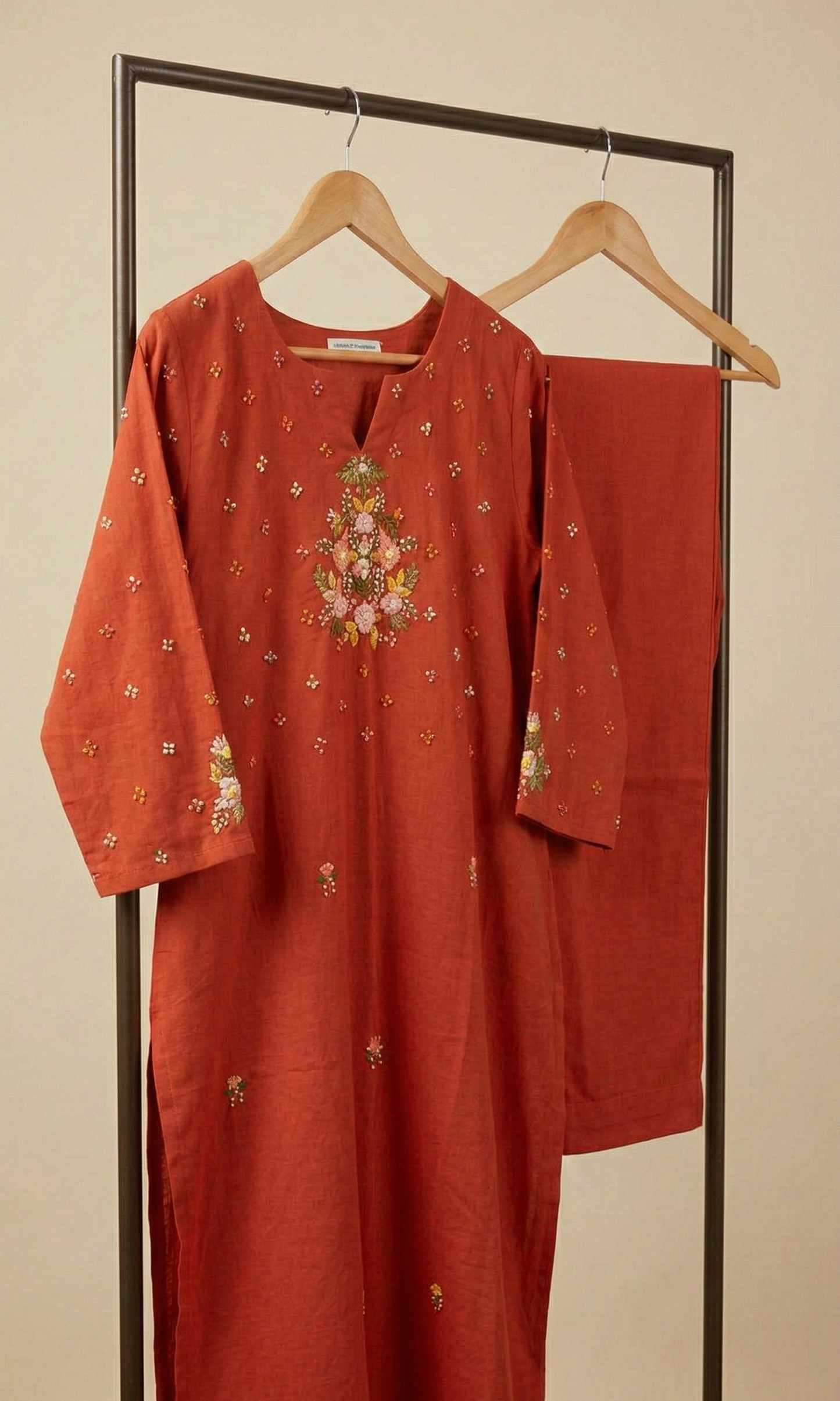 Vibrant Orange Floral Hand-Embroidered Pure Handloom Cotton Kurta Set with Pockets