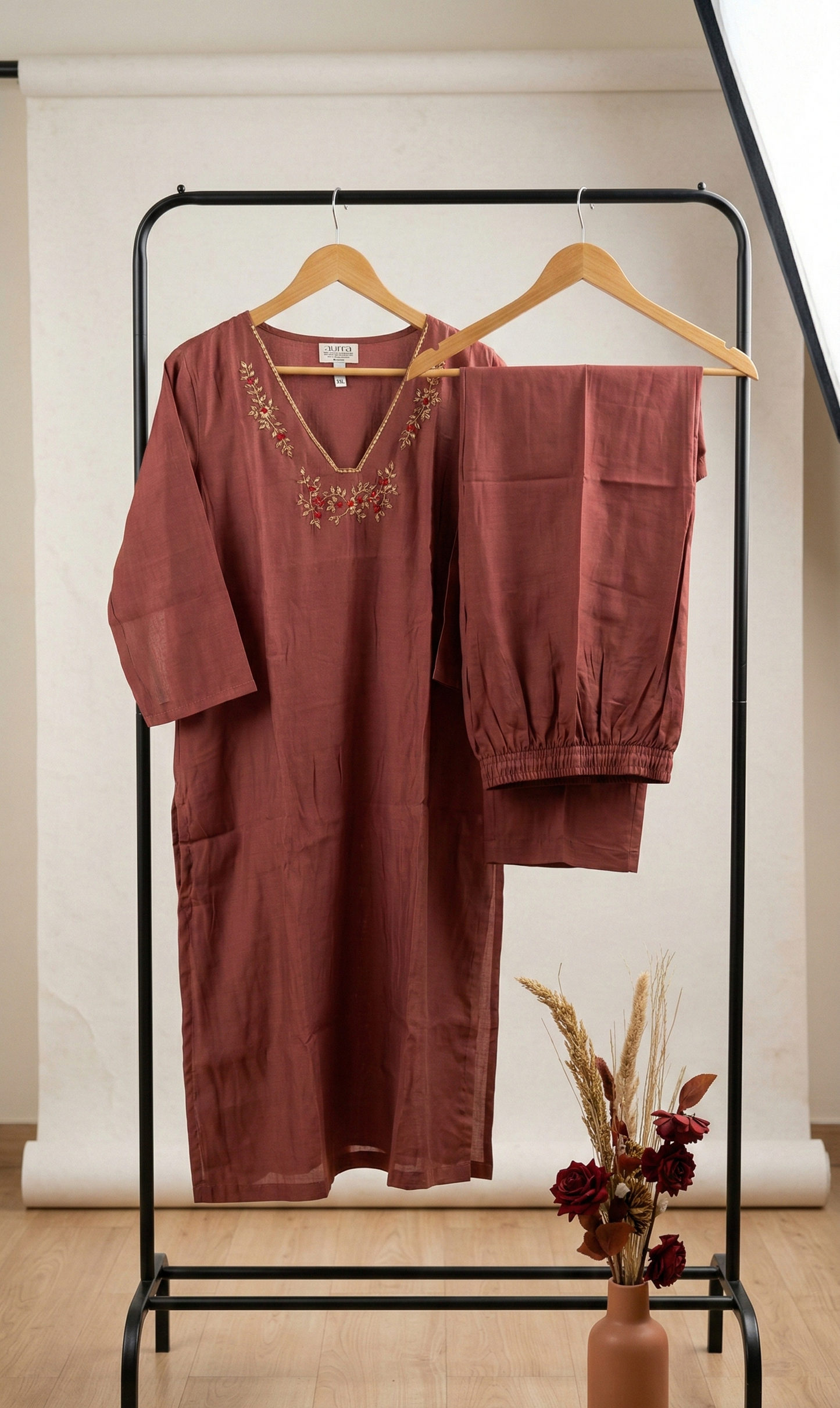 Terracotta Chanderi Silk Kurta Set with Embroidery for Women