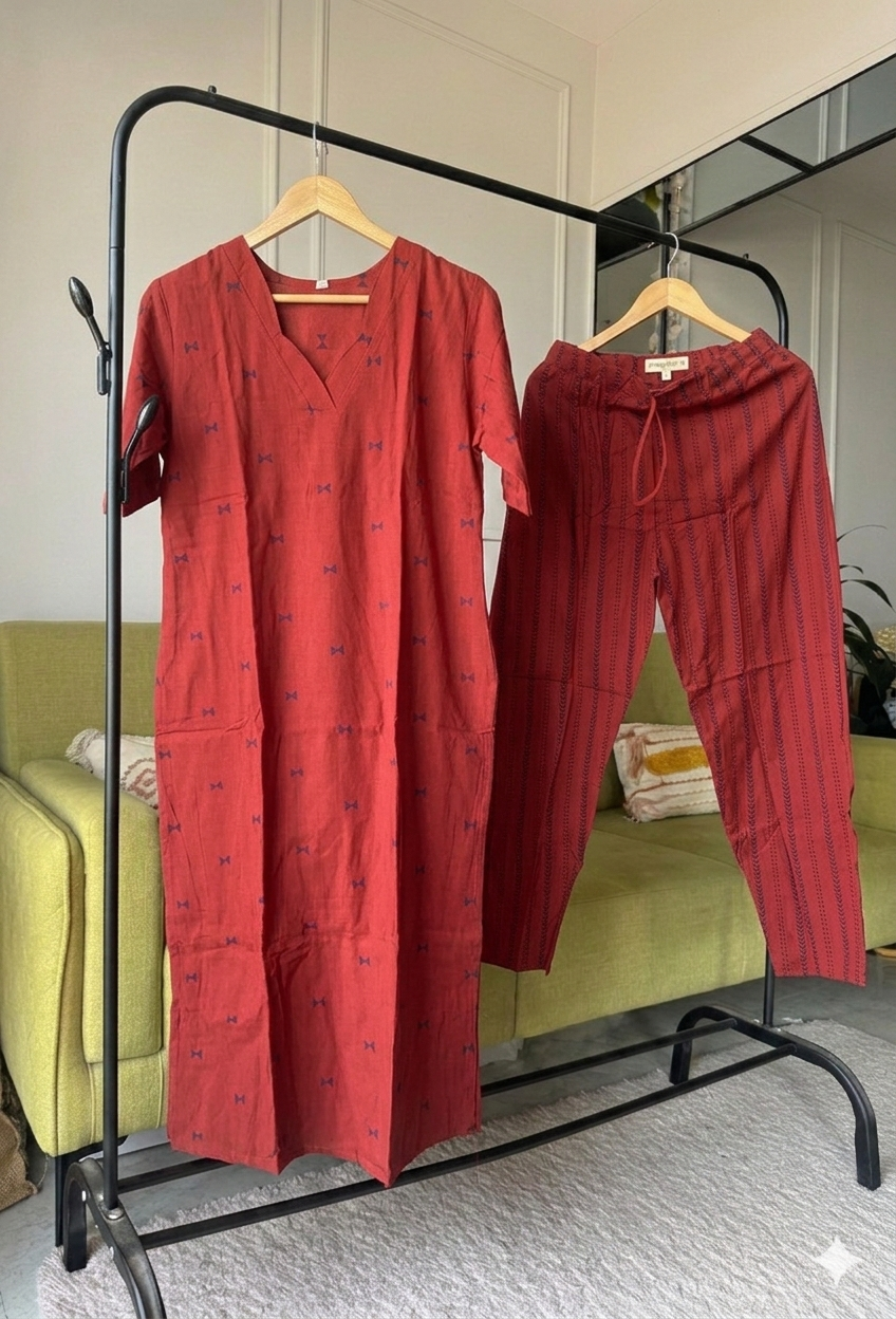 Rust Red Pure Cotton Printed Kurta & Pant Set | Summer Office Wear