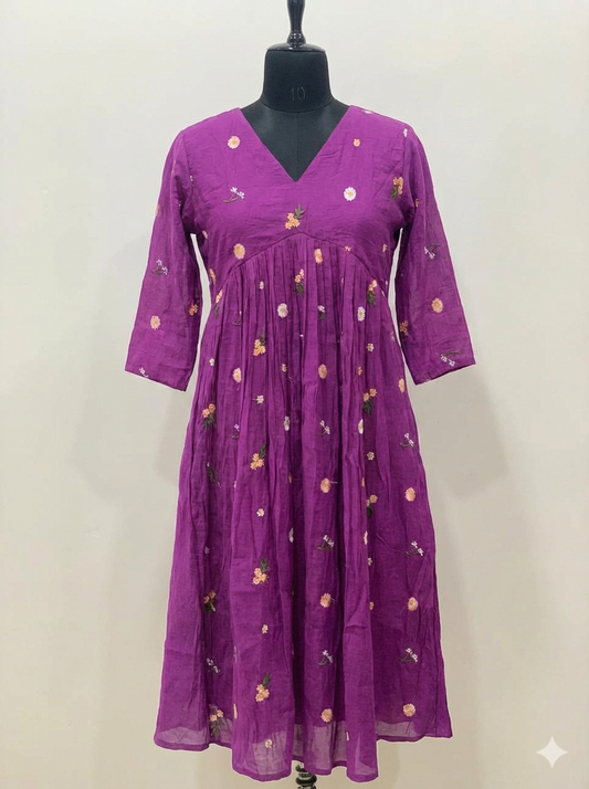 Magenta Purple Chanderi Silk Floral Embroidered Midi Dress