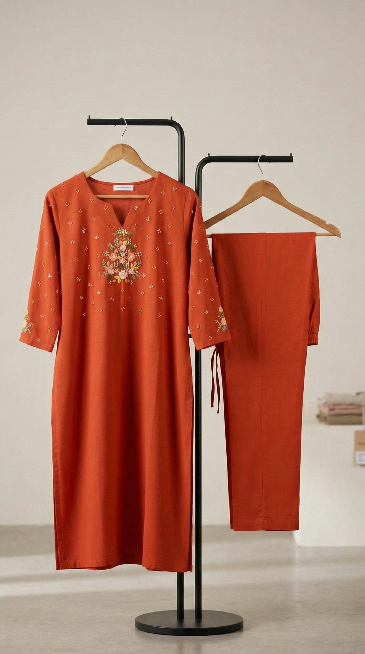 Vibrant Orange Floral Hand-Embroidered Pure Handloom Cotton Kurta Set with Pockets