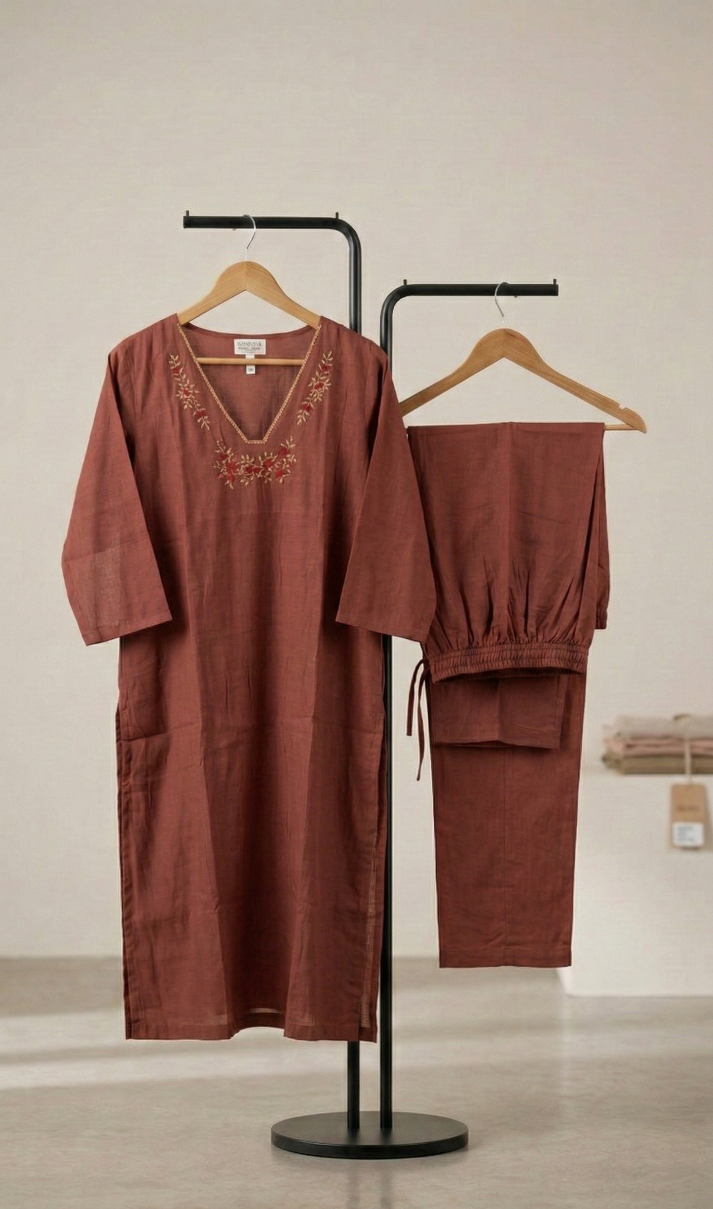 Terracotta Chanderi Silk Kurta Set with Embroidery for Women